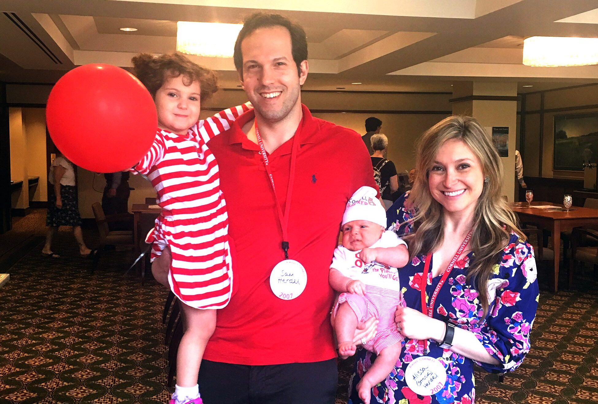 Alissa Hendel ’07 with her family at her ten-year Cornell Reunion in 2017. Her five-week-old son, Dylan, won youngest Reunion attendee.