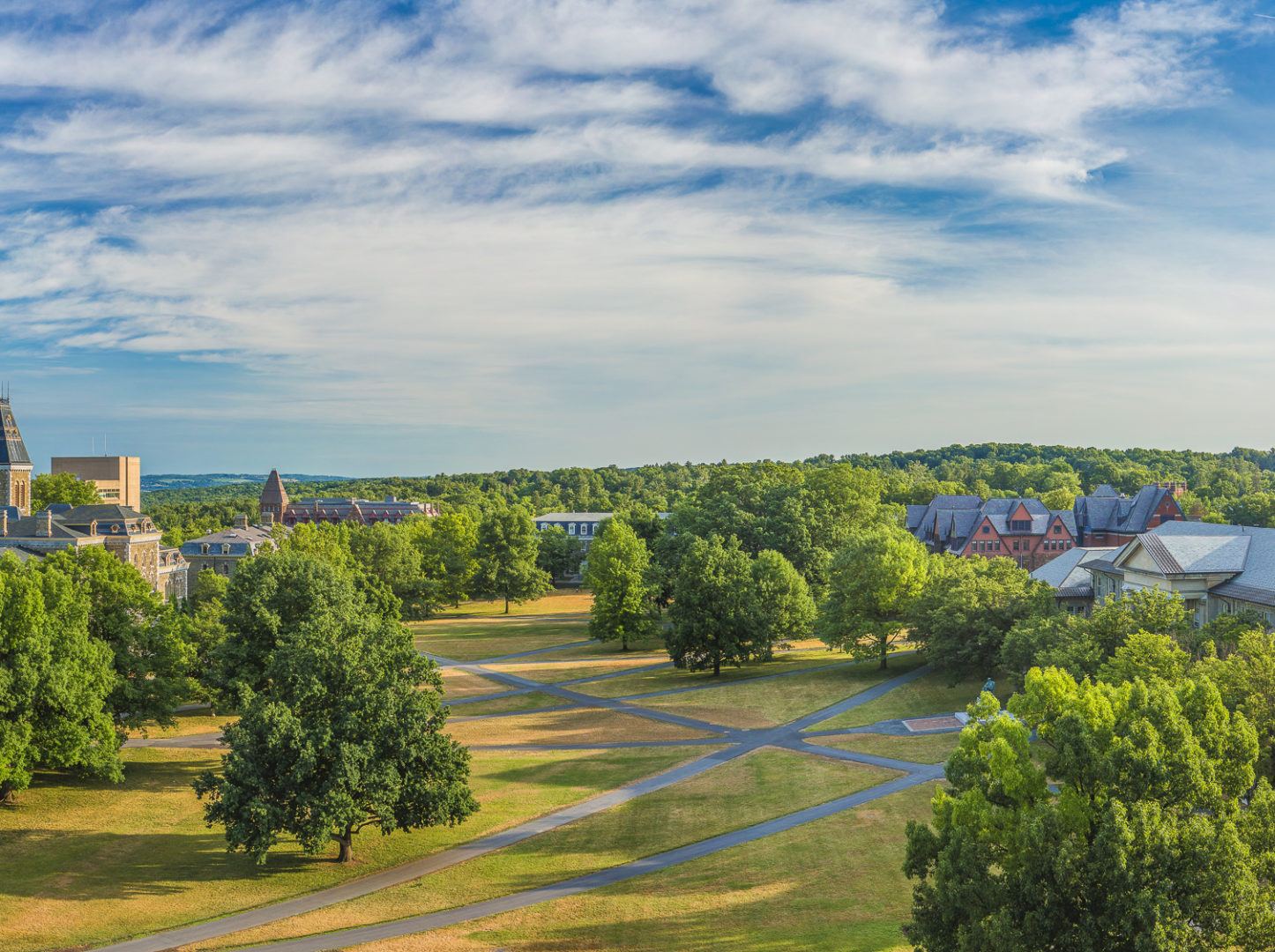 A panorama of the Arts Quad in summer.