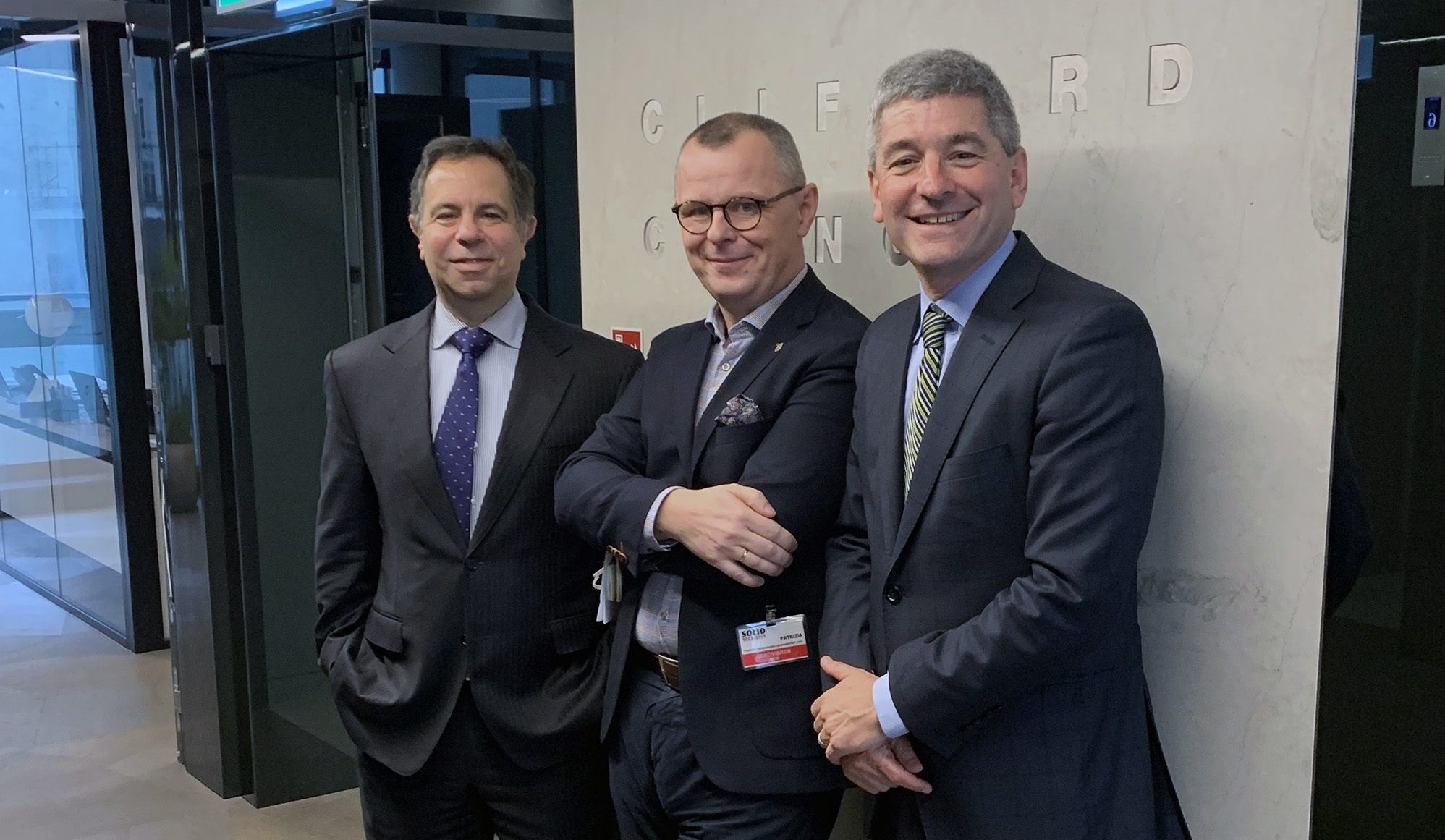 Glen Donath (Clifford Chance), Wojciech Tumidalski (Rzeczpospolita), and Joshua Berman (Clifford Chance) in February 2020 in Warsaw, Poland. Berman met with clients and conducted seminars and held meetings on the Foreign Corrupt Practices Act, U.S. Anti-Laundering enforcement, Health Care Fraud and Abuse enforcement, and global compliance. 