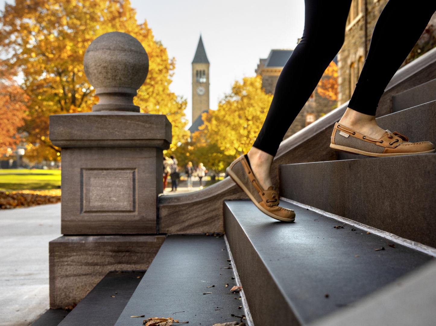 Students climb the steps of McGraw Hall just before the start of classes.