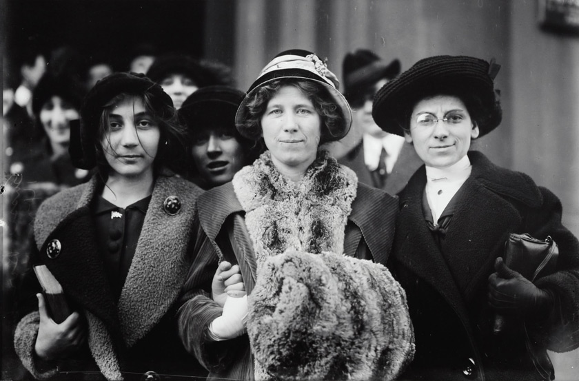 Suffrage and labor activist Flora Dodge "Fola" La Follette (1882-1970), social reformer and missionary Rose Livingston, and a young striker during a garment strike in New York City in 1913. Courtesy of Library of Congress Prints & Photographs Division.