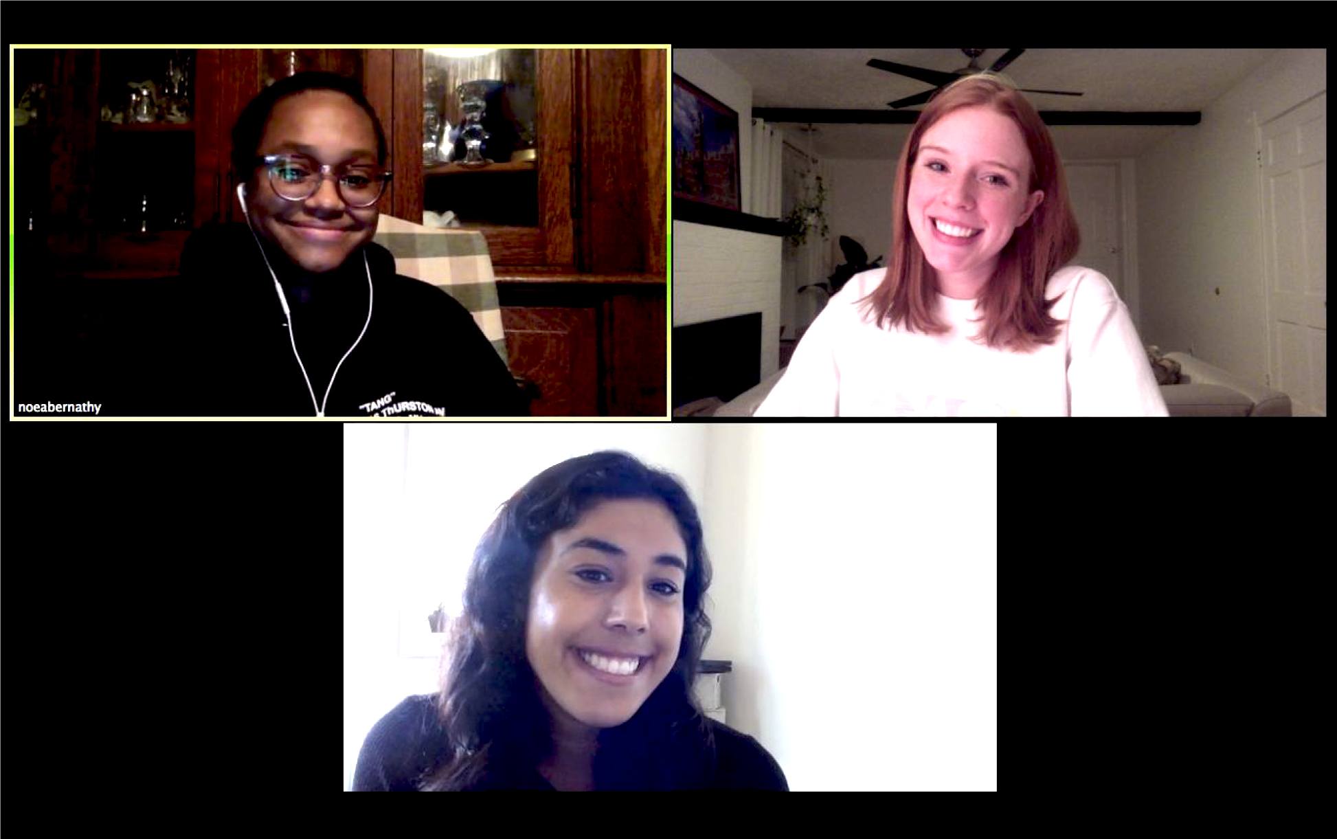 Clockwise from top left: Abernathy, Bain, and Trivedi applying for the “Pitch for the People” competition through Cornell’s Center for Technology Licensing.