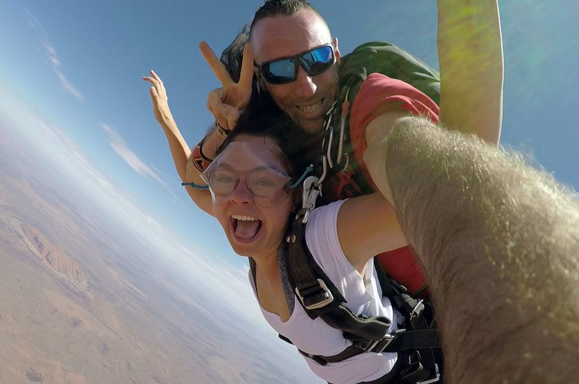 Camila Salazar skydiving over Uluru, the sacred giant rock in Australia's outback. “If you look closely, you can see it in the background!” Camila says.