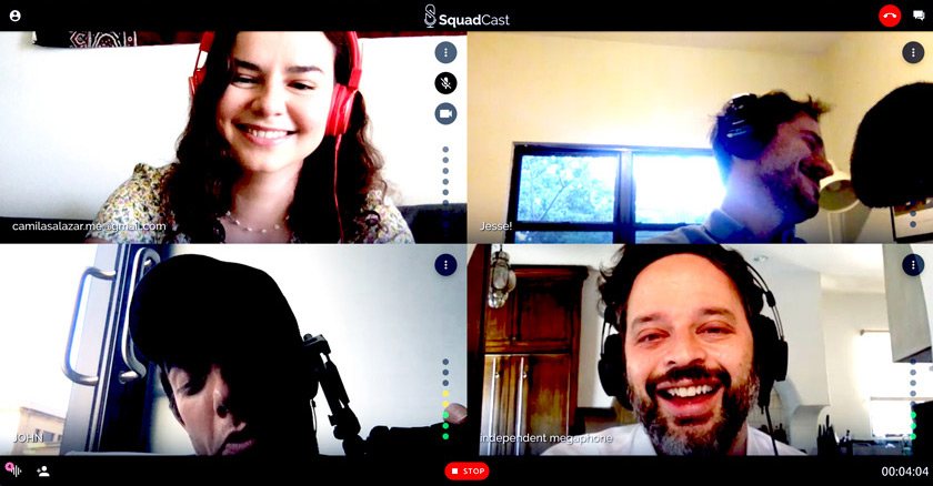 Camila Salazar producing in times of COVID-19. A screenshot of a remote recording for Good One. Clockwise from top left: Camila, Jesse David Fox (host), Nick Kroll (Big Mouth, Kroll Show, Oh Hello), and John Mulaney (John Mulaney and the Sack Lunch Bunch, Oh Hello, Big Mouth).