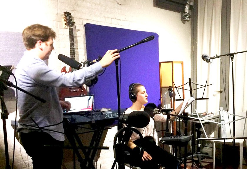 Ian Harkins ’11 (left) and Julie Reed ’12 during a November 2016 recording session.