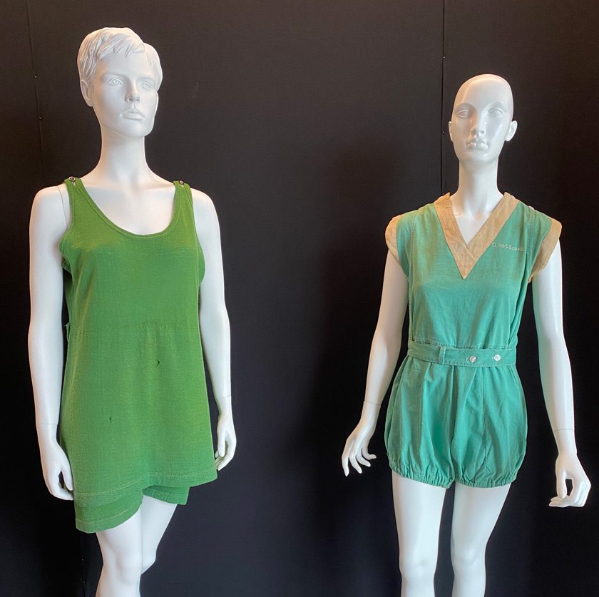 A 1920s swimsuit (left) and a 1930s gymsuit (right) featured in Green Armor, a fashion exhibit designed and produced by students in Denise Nicole Green’s Curating Fashion Exhibitions class.