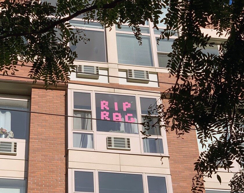 Cornell students used Post-it notes to create a memorial to RBG in the window of their Collegetown apartment, after her death on September 18, 2020.