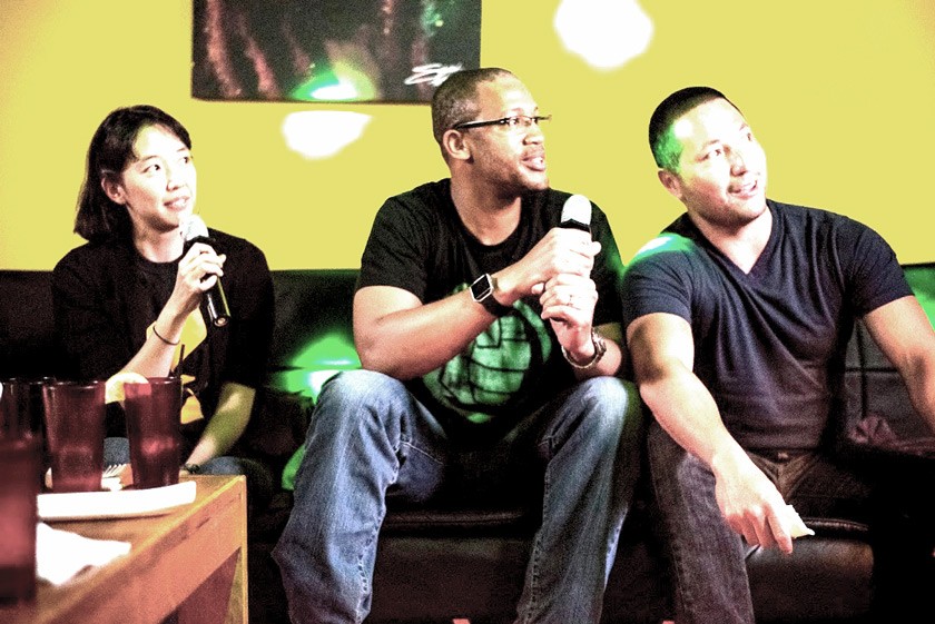 (from left to right) Christine Kitano, Tyrell Stewart-Harris, and Nick Kowalczyk singing karaoke. “I am a terrible singer,” Tyrell says, “but I will sing non-stop if given the chance.”