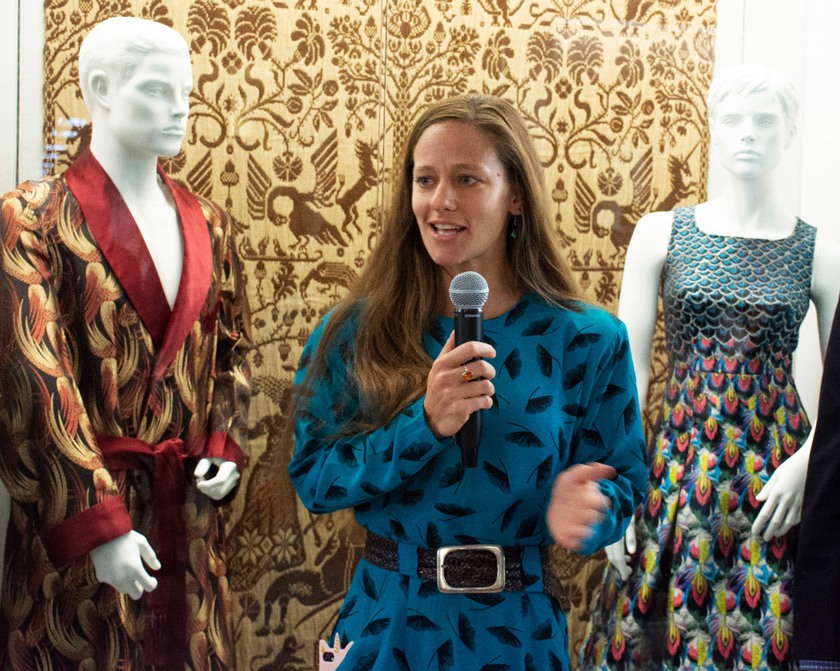 Denise Nicole Green speaks at the opening of Fashion & Feathers in October 2019. The exhibition was a collaboration between the Cornell University Museum of Vertebrates, the Lab of Ornithology, and the Cornell Fashion + Textile Collection.