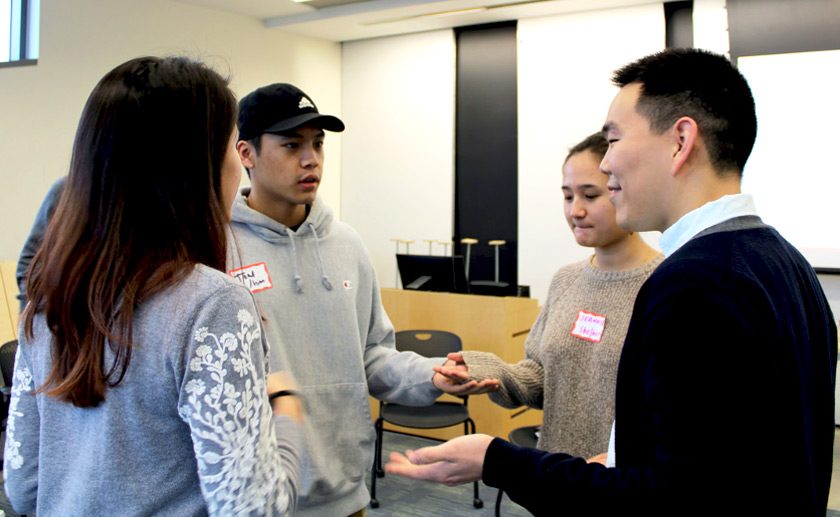 IDP Curriculum Specialist Stephen Kim PhD ’20 and Program Coordinator Natasha Steinhall ’14 do an icebreaker activity with students in January 2020.