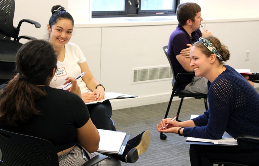 IDP Associate Director Rachel Sumner PhD ’15 joins students in an active listening activity in August 2019.