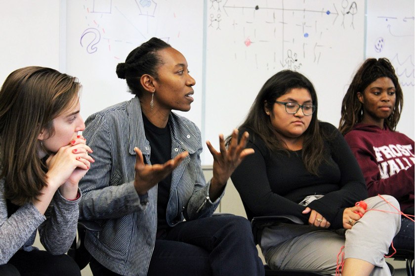 IDP Diversity Education Specialist Jum Warritay PhD ’17 speaks with students in October 2019.