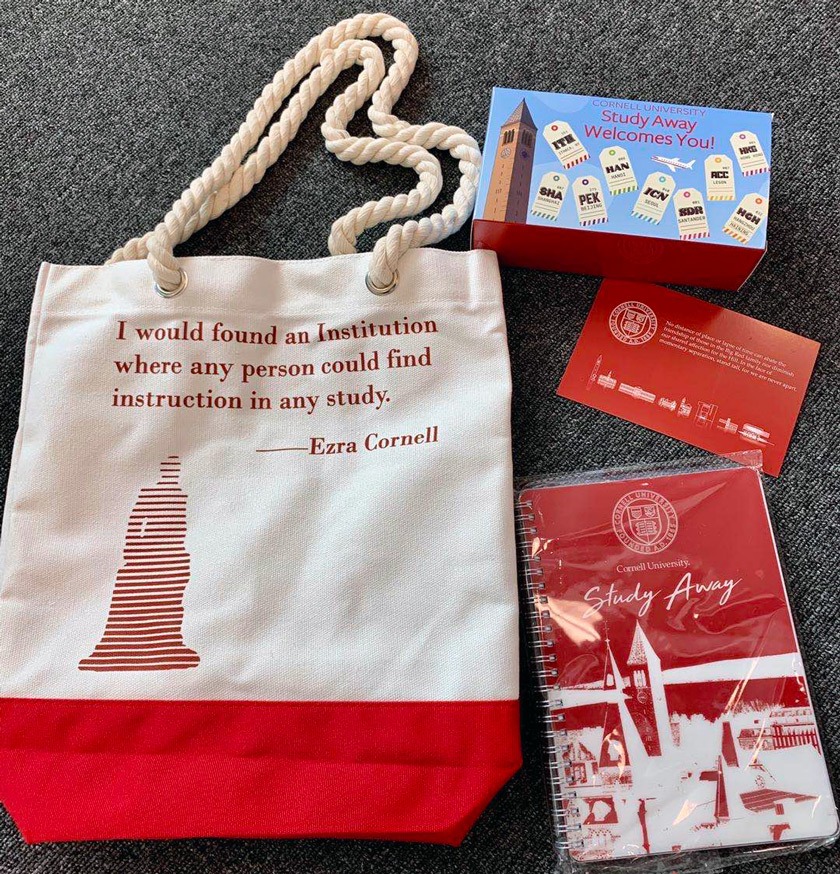All care packages contained a Cornell-branded tote bag, a Study Away-branded notebook, and a postcard. Students in China also received a box of disposable facial masks.