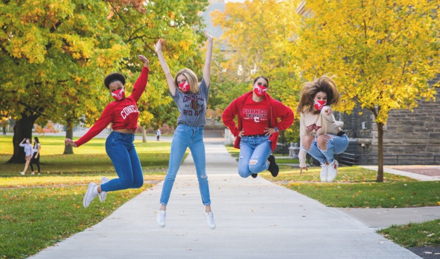 A small group of Cornell University Dance Team members on campus in fall 2020.
