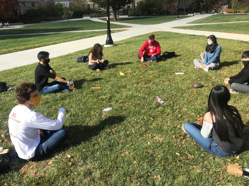 Glee Club and Chorus members at an in-person, socially-distant event on the Ag Quad.