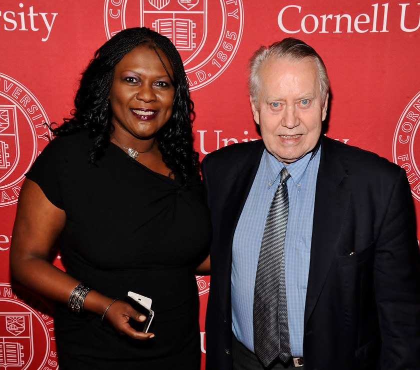 Liz Ngonzi MMH '98 with fellow Hotelie, Chuck Feeney, during the 4th Cornell Hospitality Icon and Innovator Awards in 2012, for which she and her firm at the time, Amazing Taste, LLC served as the marketing and event strategist.