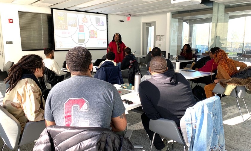 Liz Ngonzi delivering a digital storytelling seminar in November 2017 to the second cohort of Cornell Black Entrepreneurs in Training.