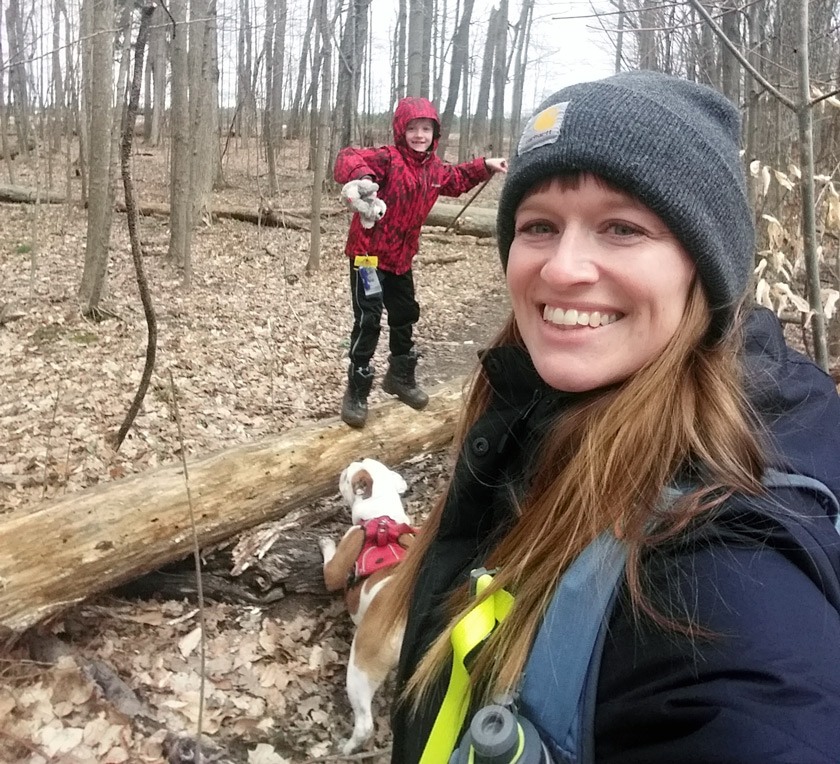 Keri Johnson hiking with her son Zyphyr and their dog Nayla.