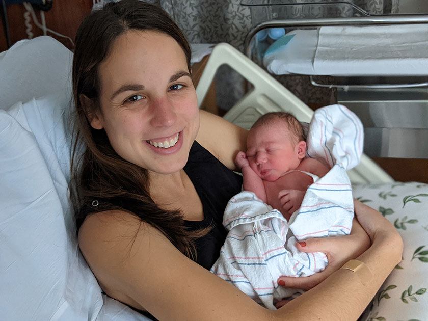 Olivia Adams ’14, MEng ’15 and her newborn son