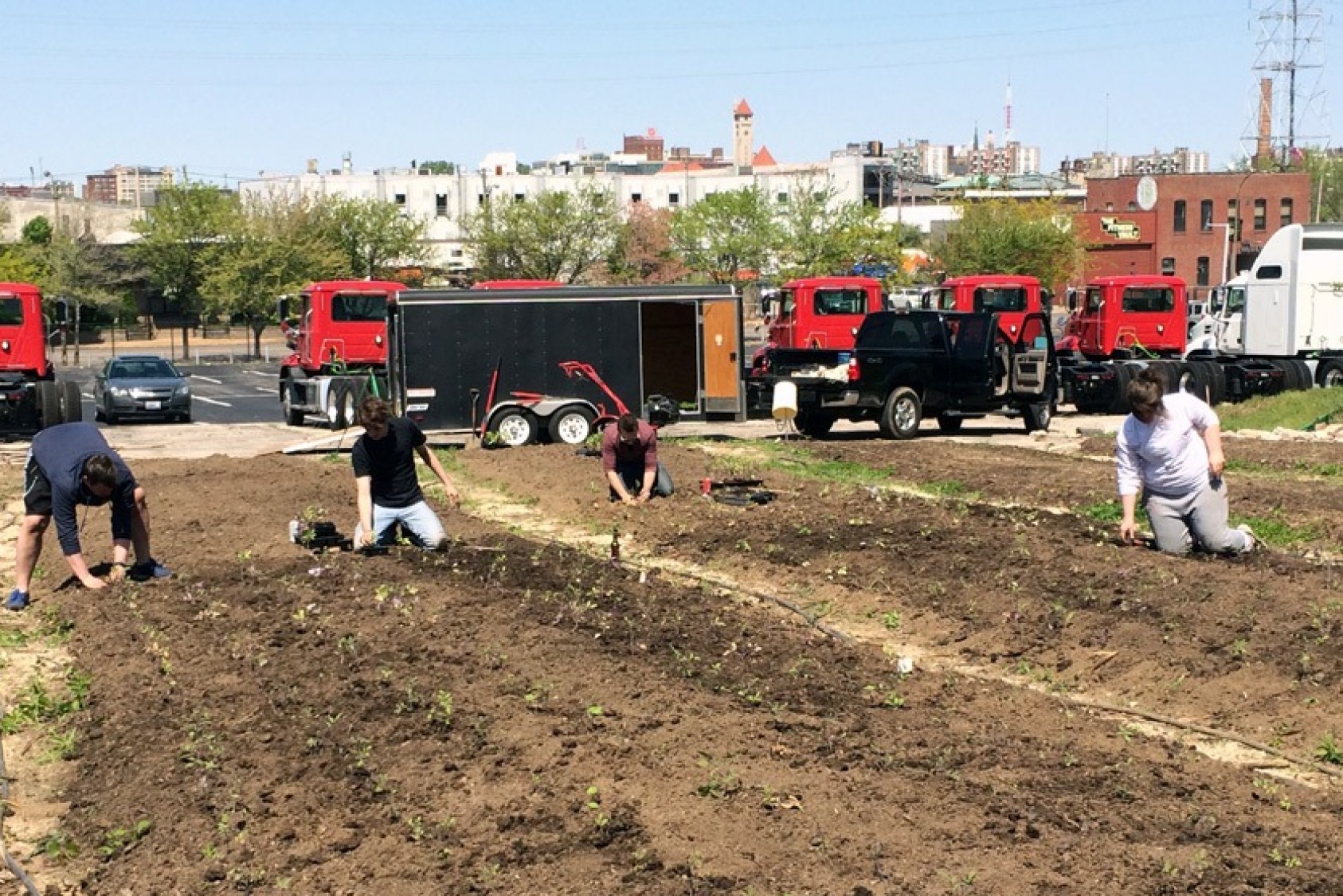 Servers, cooks, and other team members help with the spring planting.