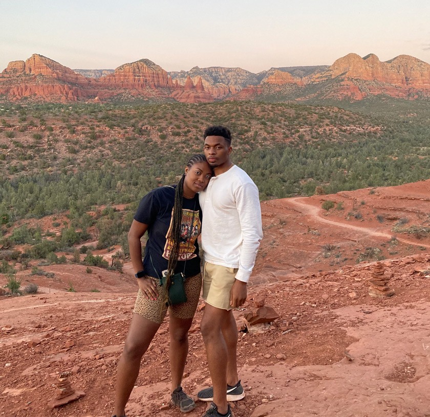 Jelani Taylor ’20 and his girlfriend Tyshaia Earnest hiking in Arizona in April 2021