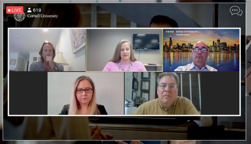 Screenshot of panelists, top row (L to R): David Sherwyn ’86, JD ’89, Abigail Charpentier ’95, David Ritter ’80; bottom row (L to R): Christine Hogan, John Boardman