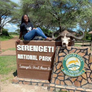 Valencia Lambert ’20 at the Mwanza entrance of Serengeti National Park, Tanzania