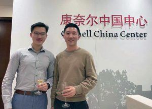 Fuzhong Luo LLM ’20 and Yifan Li ’20 at a wine tasting event organized by the Cornell Alumni Club of Beijing in March 2021