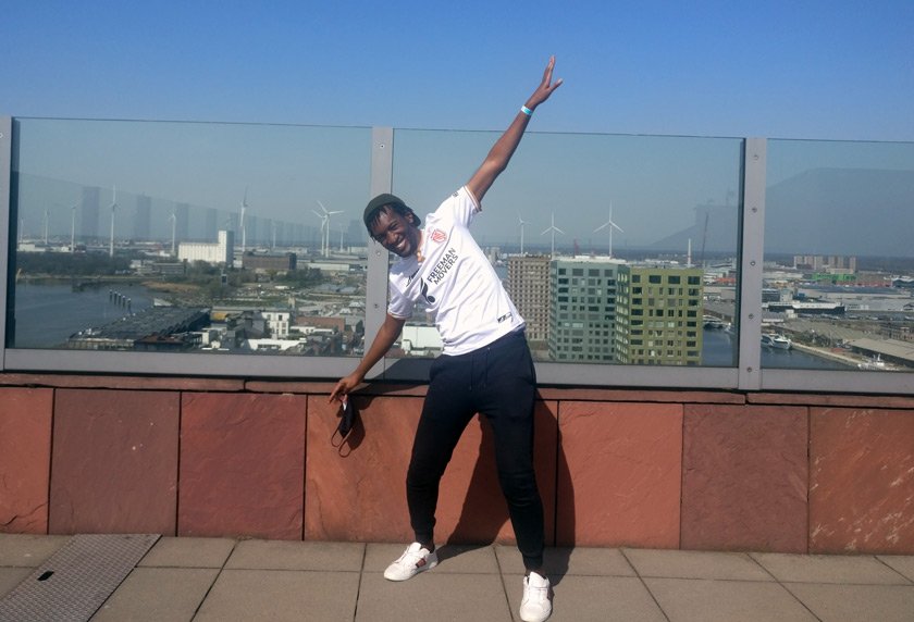 Daniel creating big windmill energy on the rooftop of the Museum aan de Stroom in Antwerp.