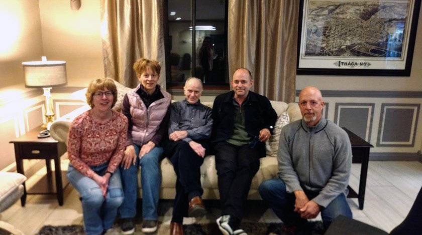 Harold (center) in May 2018, when he served as a guest lecturer in the new Cornell course on the history of unemployment. Here, he is flanked by his four children (from L to R): Anne Louise ’80, Christine ’81, Harold ’52, Peter, and Stephen Oaklander.