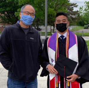 Dave Lin with one of his undergraduate research assistants, Alex Chung ’21, at graduation in May 2021