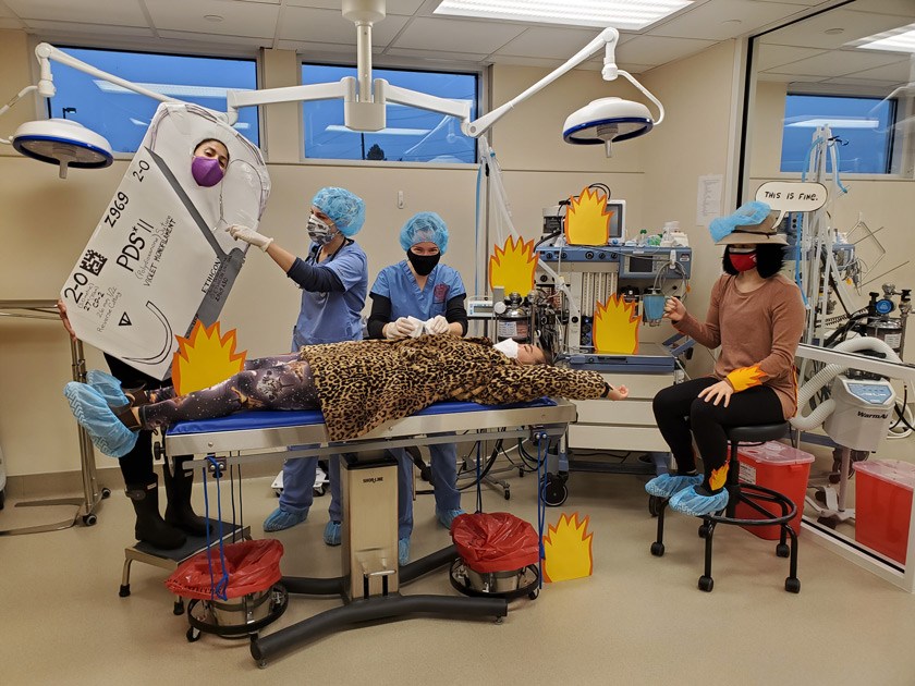 Michelle Moyal DVM ’07 (left, dressed as a suture), a faculty member in the College of Veterinary Medicine, celebrated Halloween 2020 with some of her Primary Care Surgery rotation students.