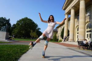 Ann Maris Walton ’22 skating on the Arts Quad: “I started rolling in fall 2020 when I saw how much fun Clara and Nina were having on their wheels,” she says.