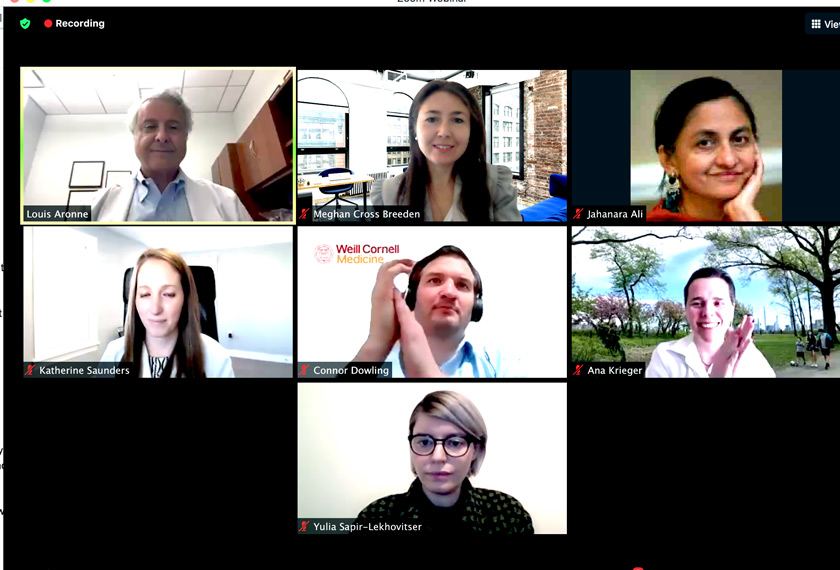 Screenshot of the announcement of the winner of the Women at Weill investment competition at the Weill Cornell Symposium in February 2021. (From top left to bottom right) Dr. Louis J. Aronne; Dr. Katherine H. Saunders; Meghan Cross Breeden; Jahanara Ali, director of WCM BioVenture eLab; Connor Dowling, former COO of WCM BioVenture eLab; Dr. Ana Kreiger, co-founder of BioSleep; and Dr. Yulia Sapir-Lekhovitser, chief science officer of Fesarius Therapeutics