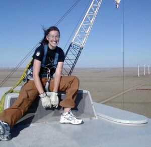 Abby on a wind turbine in Lamar, Colorado, while she was working at NREL in 2004.
