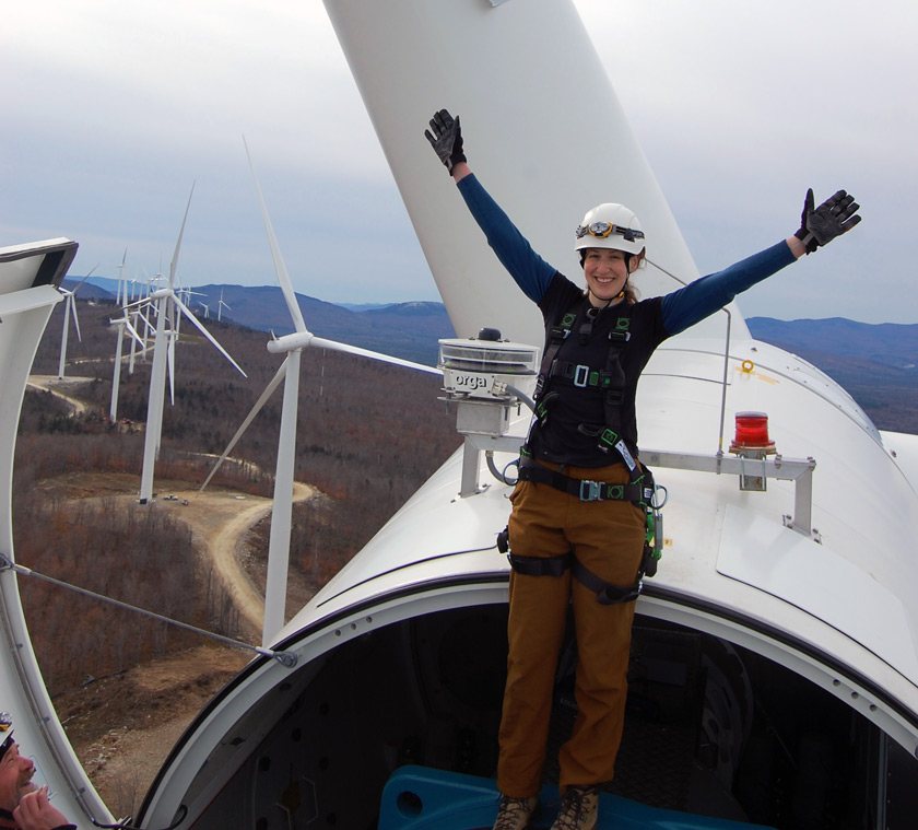 Abby on top of turbine during construction of Record Hill Wind Farm in Roxbury, Maine in 2011.