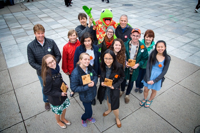 Professor Bruce Monger (far left) and campus sustainability staff with the Cornell University Partners in Sustainability Award (CUPSA) winners at the 2017 SpringFest. Credit: Cornell University