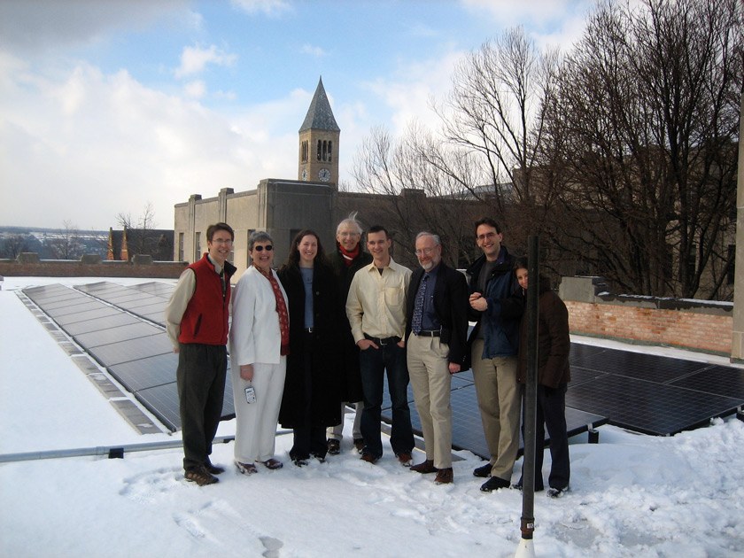 Day Hall solar ribbon cutting (L to R): Lanny Joyce ’81; Laura Krich ’69, MAT ’71; Abby Krich '04, MEng '06; Richard Aubrecht '66, MEng '68, PhD '70; Rob Garrity ’05; Steven Krich ’66, MS ’68, PhD ’72; Jacob Krich; and Patti Lenard.