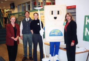 Lanny, Abby, and “Socket Boy” (center L to R) helped organize a halogen lamp trade-in event at the Cornell Store, as part of the work of the Kyoto Task Team.
