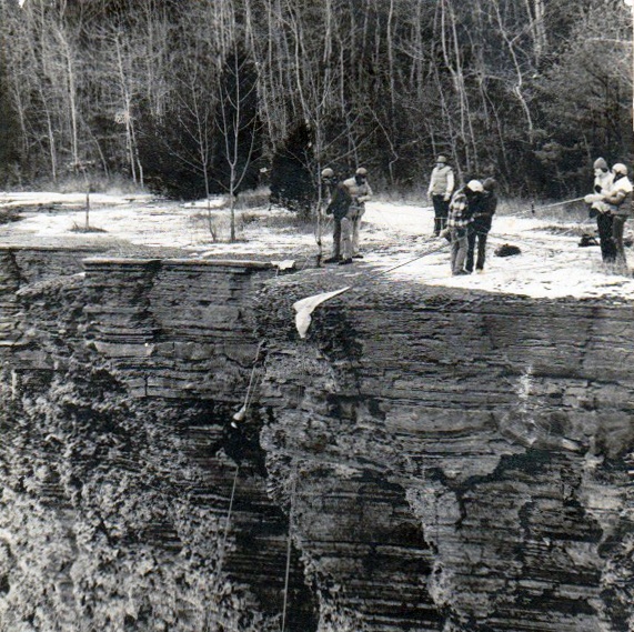 Rappelling at Taughannock Falls in the early days of COE. “Setting up a 150-foot rappel above Taughannock Falls with the temperatures in the teens and the wind blowing was exhilarating and empowering. We all felt like superheroes,” Dave says.
