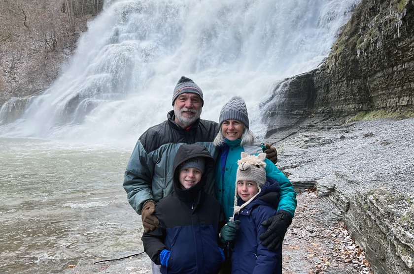 Dave (Morrissey) Moriah ’72, his wife Deborah (Linker) Moriah ’74, and their two grandsons, Caleb and Henry, at Ithaca Falls