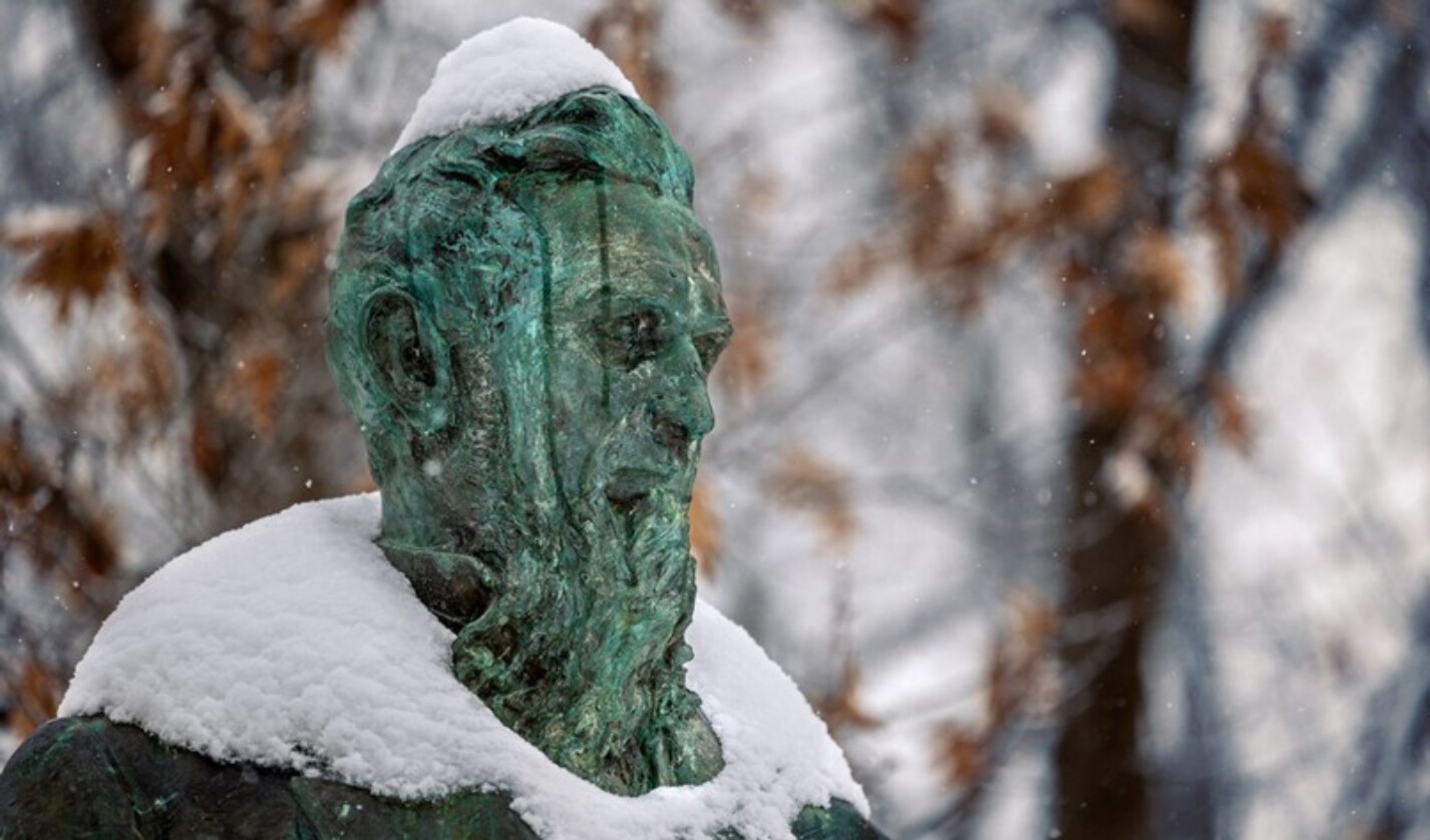 Ezra’s statue capped with snow this winter