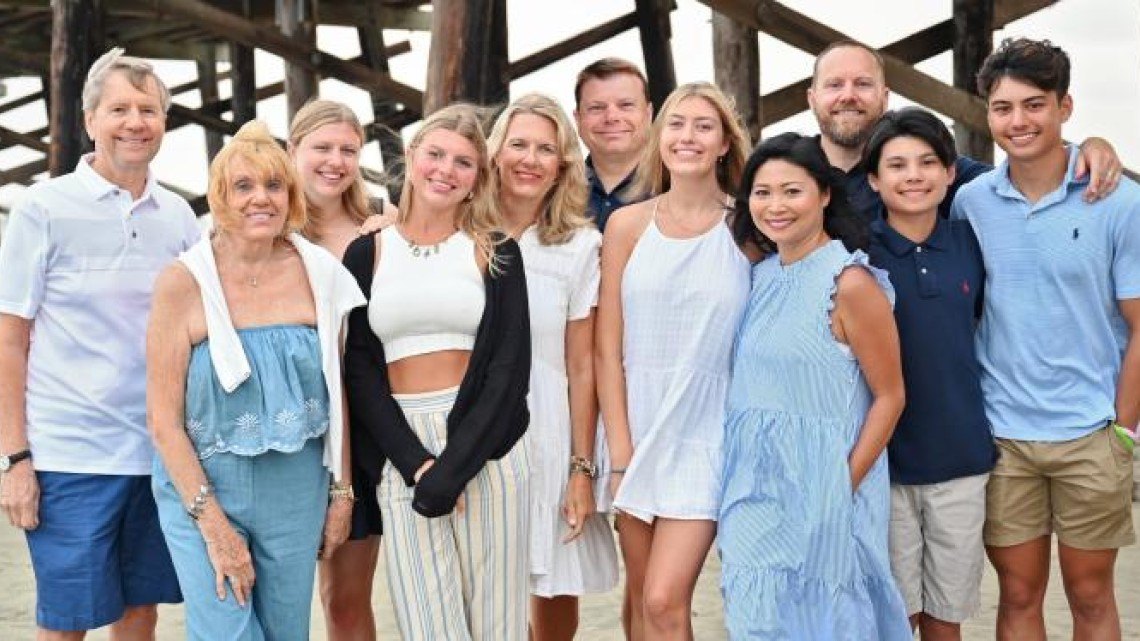 Donna and Dennis Lowe with their children and grandchildren in Newport Beach, CA, July 2021.