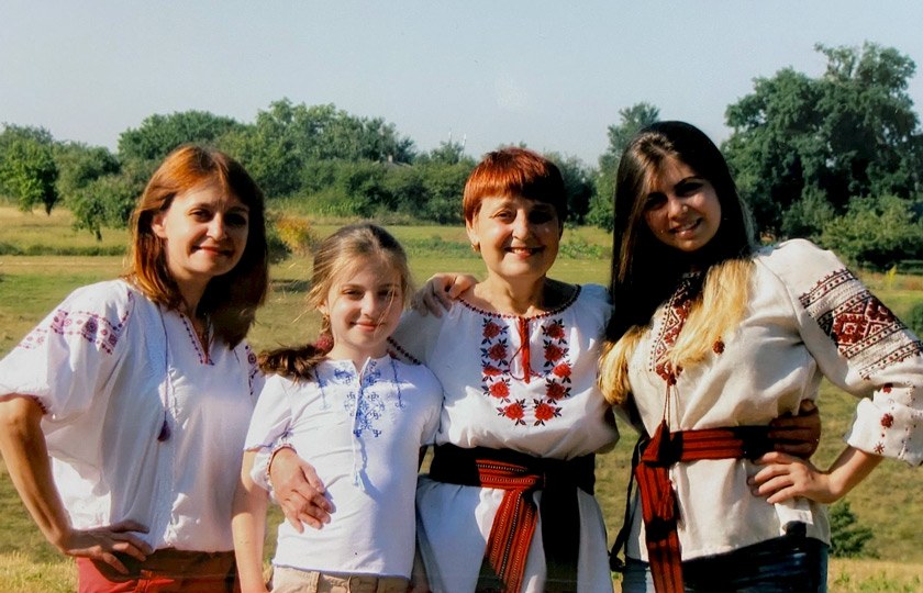 (L to R) Maryna’s mother Svitlana, her sister Emiliya, her grandmother Olga, and Maryna wear traditional Ukrainian clothing in August 2013