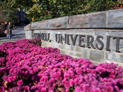 Flowers along the Cornell University sign