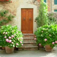 front door of a Tuscan villa flanked by potted flowers