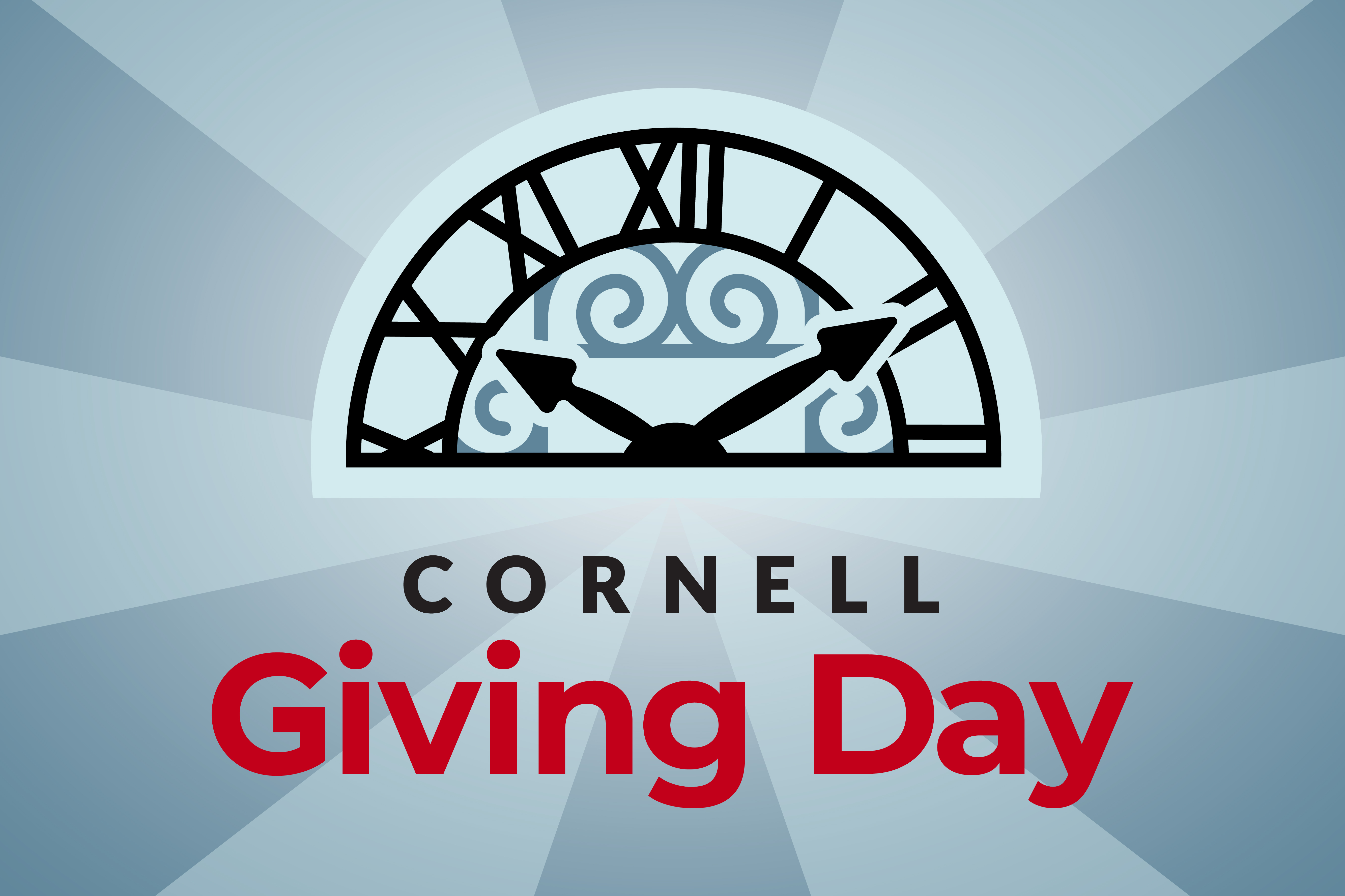 Illustrated upper half of a clock followed by the text Cornell Giving Day