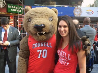 Touchdown and Marisa T. Cohen ’06 were among the many Cornellians who gathered in Times Square to celebrate the university’s sesquicentennial in September 2014.