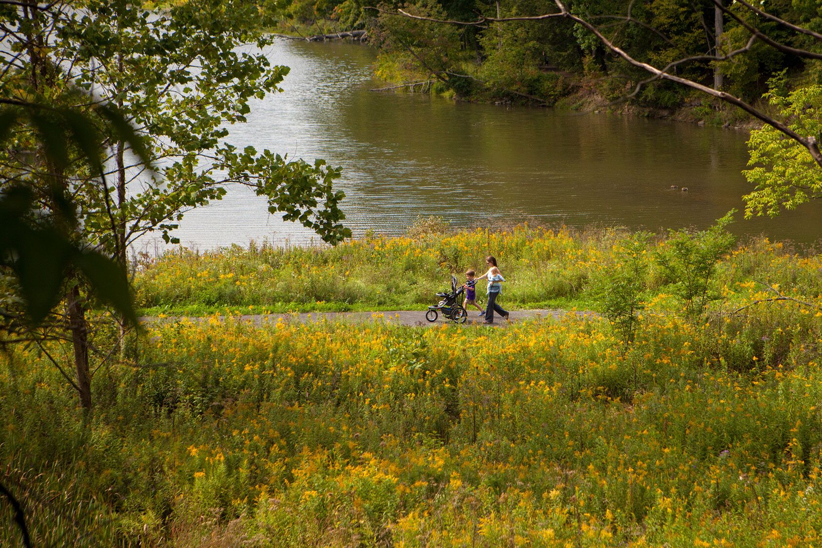 A family walks along one of the Finger Lakes region's many nature trails.