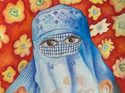 “In this painting, the woman’s face may be covered, but she has big eyes. Her eyes can still see. Sometimes I think it is me, an isolated woman in another part of the world, looking out at her country and wishing to be there again, with her family, wishing for peace,” says artist Sharifa Sharifi of this work in progress.